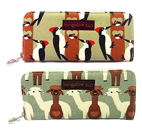 Bungalow360 Womens Canvas Large Zip Around Wallet New Alpaca or Woodpecker Pattern