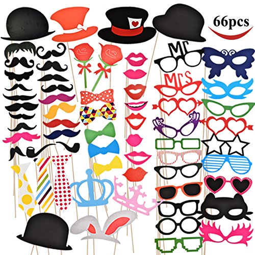 Joyin Toy 66 Pieces Photo Booth Props Party Favor for Wedding Party Graduation Birthdays Dress-up Accessories Costumes with Mustache, Hats, Glasses, Lips, Bowler, Bowties on Sticks