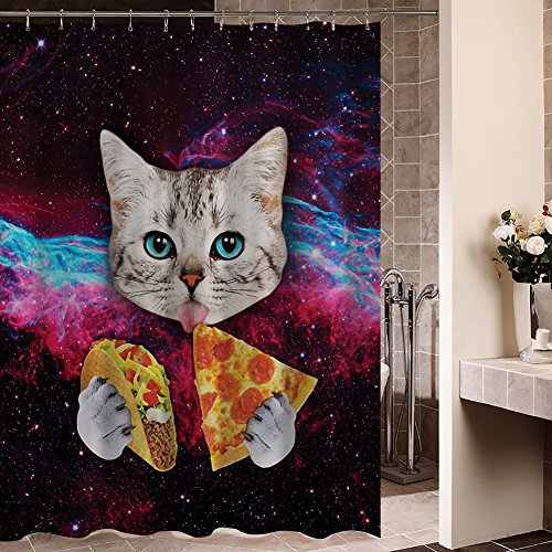 Custom Space Nebula Universe Cat Eat Pizza Shower Curtain Stylish Waterproof Polyester Fabric Bathroom Deco 66 x 72