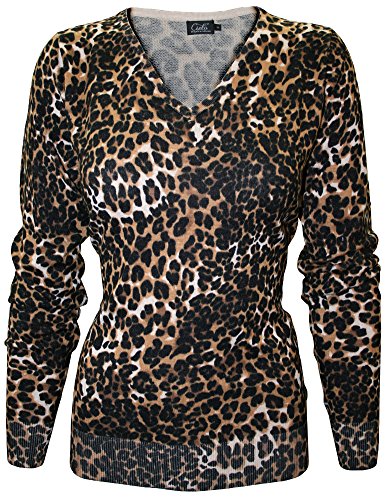 Cielo Women's Knit Pullover Sweater, V-neck, (Cheetah) Animal Print (Medium, Brown)