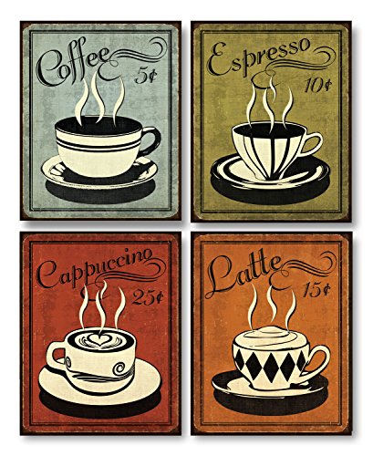 Classic and Colorful Retro Coffee Prints; Set of Four
