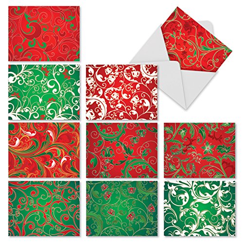 M3261 Fleur De Noel: 10 Assorted Blank Christmas Note Cards Featuring Swirling Seasonal Patterns,w/White Envelopes.
