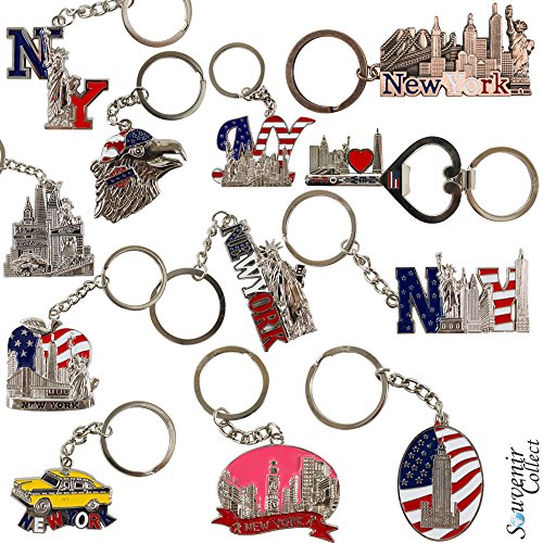 NYC Souvenir Keychain Collection - Set Of 12 Includes Empire State, Freedom Tower, Statue Of Liberty, USA Flag, NY Cab, And More