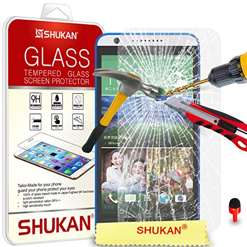 FOR HTC Desire 820 - SHUKAN® Premium Tempered Glass Crystal Clear LCD Screen Protector Guard & Polishing Cloth RED 2 IN 1 Dust Stopper [TG401 - SVL3]