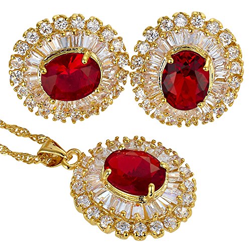 Rizila Jewellery Thanksgiving Day Christmas Gift Xmas Red Ruby Oval Cut Necklace Pendant Earrings Gemstone 18K GP Jewelry Set
