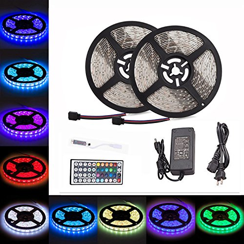 LTROP 2 Reels 12V 32.8ft Waterproof Flexible LED Strip Light Kit, Color Changing SMD3528 RGB with 600 LEDs Light Strips + Mini 44-key IR Controller + 12V 5A Power Supply