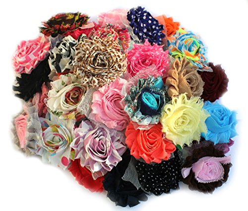 JLIKA (50 pieces) Shabby Flowers - Chiffon Fabric Roses - 2.5 - Solids and Prints Included - Assorted Color Mix - Single Flowers Grab Bag