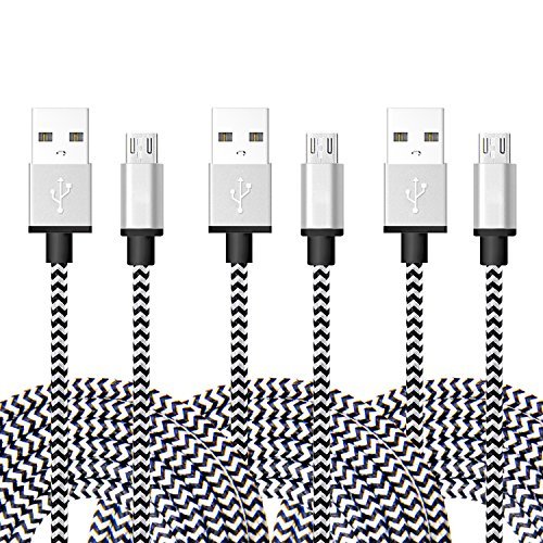 Micro USB Cable, A Male to Micro B, Eversame 3-Pack 10Ft 3M Extra-Long Nylon Braided USB 2.0 A Male to Micro B Sync Charger Cable For Samsung Galaxy Note Edge, HTC One M8/M9, LG, PS4 Controller-White