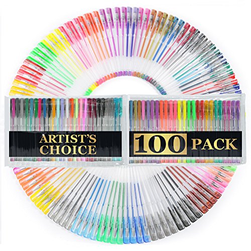 100 Gel Pens with Case (EXTRA LARGE SET) - 100 Individual Colors (No Duplicates) - Glitter, Metallic, Neon, Pastels, and more ink types! Perfect for Adult Coloring Books & Drawing