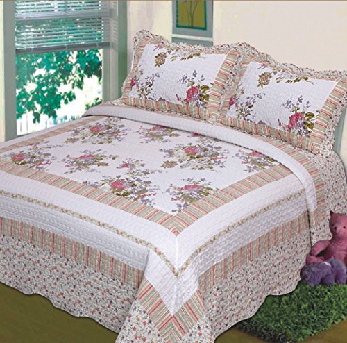 Fancy Collection 3pc Bedspread Bed Cover Floral Off White Green Purple Green Pink (King)