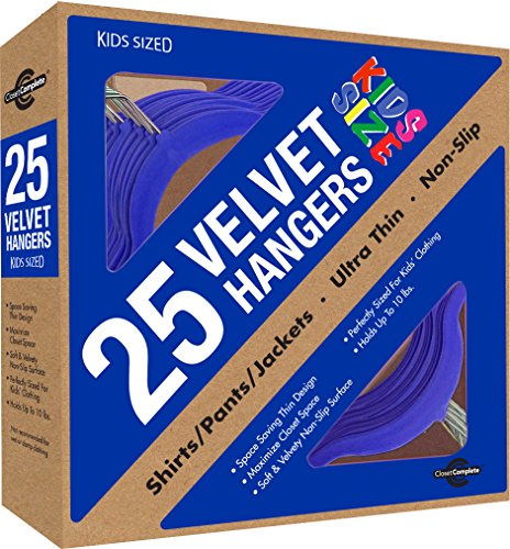 Closet Complete Kids Size Ultra Thin No Slip Velvet Hangers, Blue, Set of 25