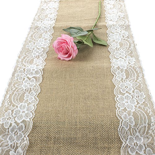 Fetoo Lace Hessian Burlap Table Runner for Wedding Party Decoration 12 x 108 Inches