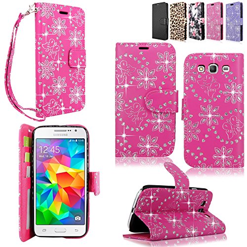 Galaxy Grand Prime Case - Cellularvilla Pu Leather Wallet Flip Open Pocket ID Card Holder Slots Case Cover Stand with Wrist Strap for Samsung Galaxy Grand Prime SM-G530H G5308W (Pink_Glitter)