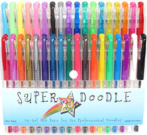 Super Doodle Gel Pens - 36 Pack - Glitter, Metallic, Pastel, and Neon Colors - Premium Quality Gel Pen Set for Crafting, Doodling, Drawing, Scrapbooking, and Adult Coloring Books