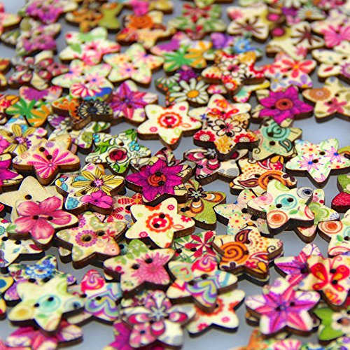 Pack of 50pcs Star Shaped Painted 2 Hole Wooden Mixed Buttons(15*18MM)