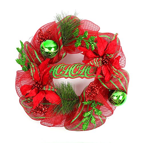 Naice Polyester Christmas Wreath with Pine Tips, Poinsettia, Holly Leaves, Christmas Balls, Ho-ho-ho 20-inch