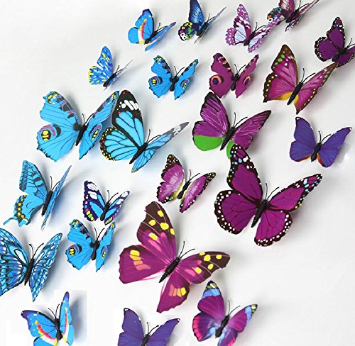 ElecMotive 24 Pcs 2 Packs Beautiful 3D Butterfly Wall Decals DIY Home Decorations Art Decor Wall Stickers & Murals for Babys Bedroom TV Background Living Room (Pack of 2 Color) (12 Blue+12 Purple)