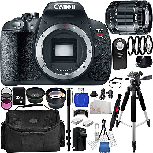 Canon EOS Rebel T5i (700D) DSLR Camera Kit with Canon EF-S 18-55mm f/3.5-5.6 IS STM Lens. Includes Wide Angle & Telephoto Lenses, 3 Piece Filter Kit(UV-CPL-FLD), 4 Piece Macro Filter Set(+1,+2,+4,+10), 32GB Memory Card & Much More