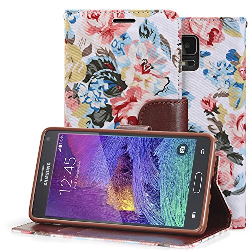 Fosmon CADDY-FLORA Leather Folio Wallet Stand Case for Samsung Galaxy Note 4 [Fits All Carriers] (White)