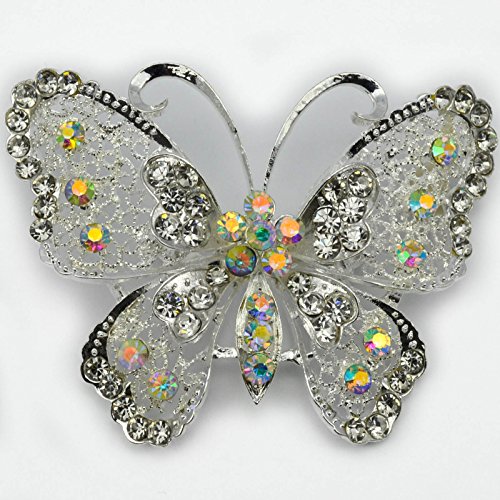 Elixir77UK NEW 2.8 LARGE SILVER COLOUR BUTTERFLY BROOCH with PLAIN and AB RHINESTONE DIAMANTE CRYSTALS WEDDING BRIDAL BROACH