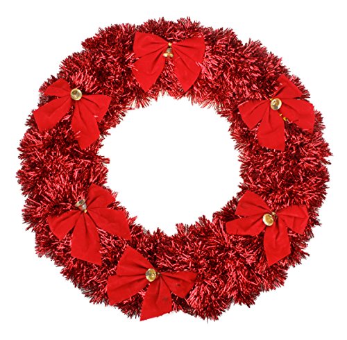 Christmas Red Holiday Tinsel Wreath with Bells and Red Bows - 17