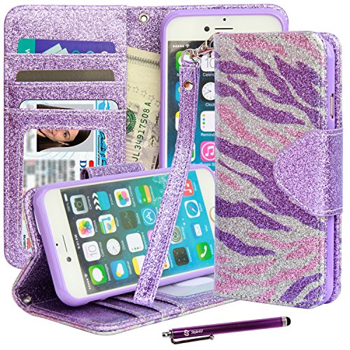 iPhone 6 Plus Case, iPhone 6 Plus Bling Flip Case, Style4U [Everlasting Shine] Zebra Design Premium PU Leather Stand Wallet Case with ID Credit Card / Cash Slots for Apple iPhone 6 Plus 5.5 Inch + 1 Stylus and 1 Screen Protector [Purple Pink Zebra / Purple]