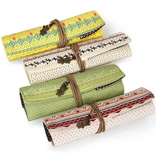 Bundle Monster 4pc Mixed Fabric Design Roll Up with Teddy Bear Ties Pencil Cases