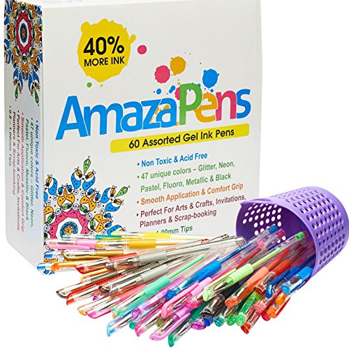 AmazaPens Gel Pens - 60 Value Pack, 40% More Ink than Other Sets, Top Quality Coloring Pens for Adult Coloring Books, 47 Unique Colors, Best Gift - Includes Glitter, Neon, Pastel, Flouro & Metallic