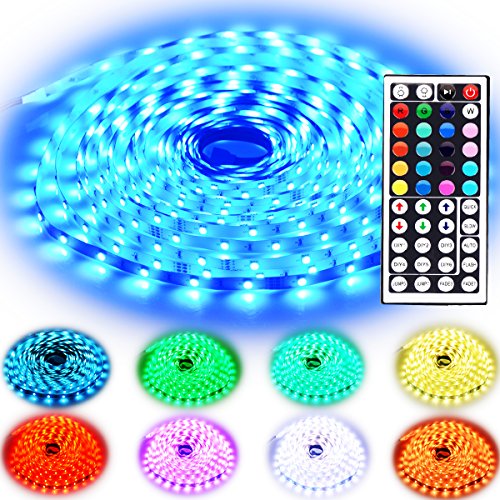 Rxment Led Strip Lighting 10M 32.8 Ft 5050 RGB 300LEDs Flexible Color Changing Full Kit with 44 Keys IR Remote Controller , Control Box ,24V 3A Power Supply for Home Decorative