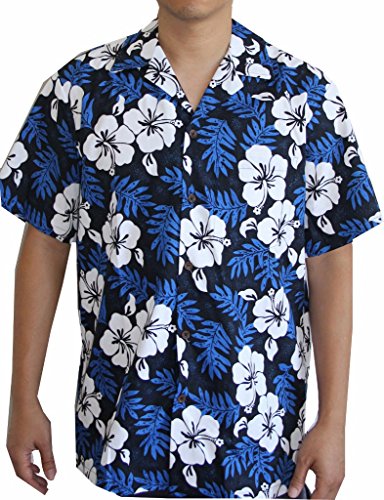 RJC Island White Flowers Blue Hawaiian Aloha Shirt, 2XL, Blue