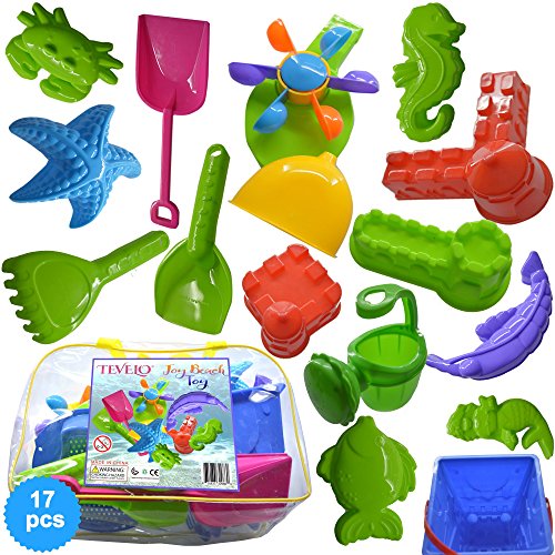 Sand Bucket 17-Pieces Molds & Tools for Sand Boxes, Water Tables, Beach, Bath Tub, Pool or Kinetic Sand Toys For Baby, Kids and Toddler
