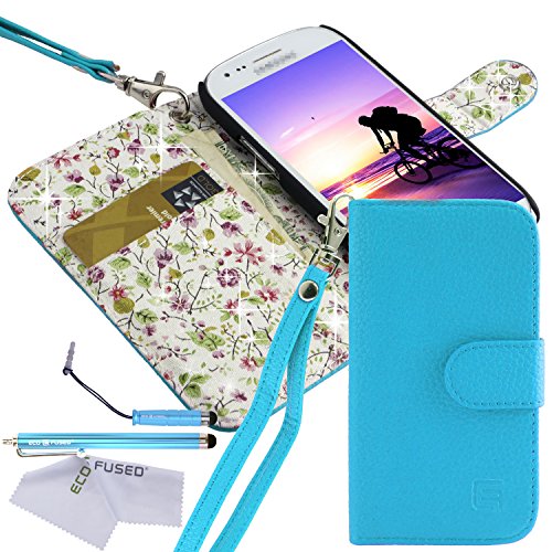 Samsung Galaxy S3 Mini Case Bundle including 1 Faux Leather Cover with Floral Interior for Samsung Galaxy S3 Mini I8190 / 1 Lanyard / 2 Stylus Pens / 2 Screen Protectors / 1 ECO-FUSED Microfiber Cleaning Cloth