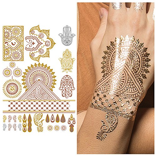 Tattify Metallic Hamsa And Indian Handpiece Temporary Tattoo - Indian Princess Sheet 2 (Set of 1 sheet)