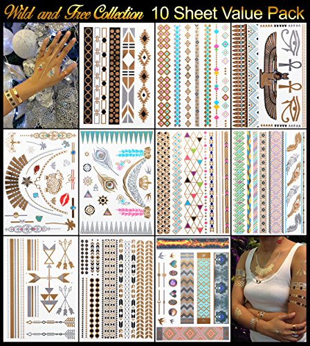 Metallic Tattoos - Pack of 10 Sheets with 129+ Temporary Flash Tattoos for Woman & Girls in Gold, Silver & Turquoise With Tribal, Flower & Butterfly Jewellery Designs (Wild & Free Collection)