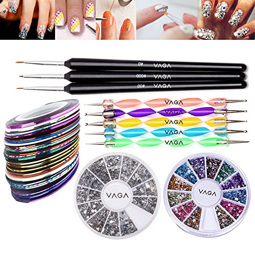 Great Value Premium Quality Professional Nail Art Accessories Set Kit With 5 Colourful Double Ended Dotting / Marbling Tools / Dotters, 3 Wooden Handled Detailer Brushes / Stripers / Liners, Wheels of 1200 Silver Rhinestones Decorations And of 2400 Crystals / Gemstones Decorations In 12 Different Colours And 10 Rolls Striping Tapes By VAGA®