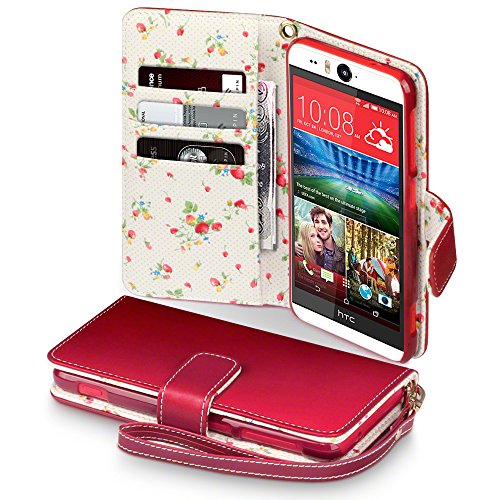 HTC Desire Eye Case, Terrapin [Red] [Floral Interior] Premium PU Leather Wallet Case with Card Slots Cash Compartment and Detachable Wrist Strap for HTC Desire Eye - Red