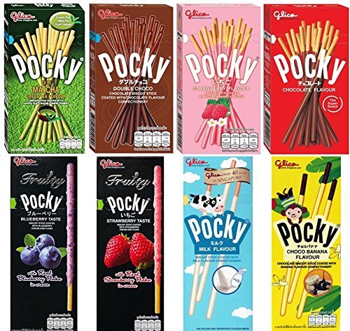 8 Flavours of Pocky - Pocky Matcha, Double Chocolate, Strawberry, Chocolate, Fruity Blueberry, Fruity Strawberry, Milky and Choco Banana (8 Boxes)
