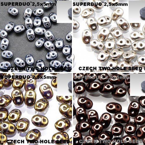 4x20gr, 4 colors Unique Set SRK1002, SuperDuo 2,5x5mm Czech Glass Seed Beads, Colors: Jet Hematite, Jet Silver Paste, Crystal Gold Bronze, Jet Bronze Luster (RK1036,RK1069,RK1082,RK1115)