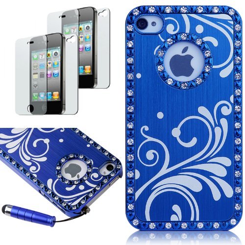 Pandamimi Deluxe Blue Chrome Bling Crystal Rhinestone Hard Case Skin Cover for Apple iPhone 4 4S 4G With 2 Pcs Screen Protector and Blue Stylus