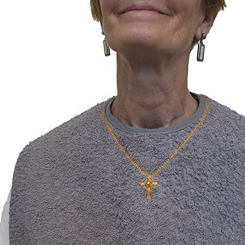 Women's Waterproof Adult Bib with Embroidered Cross Necklace, Reusable, Washable | Classy Pal (Gray Bib x Gold Cross Necklace)