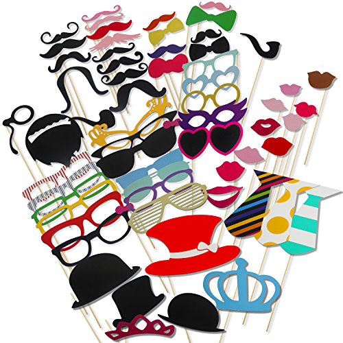 COOLOO Party Photo Booth Props Diy Kit,Paper Prop On A Wood Stick for Taking Funny Photos On Birthday,Wedding,Reunions,Dress-up Costume Accessories with Mustache,Hats,Glasses,Lips,Bowties,60 Pcs