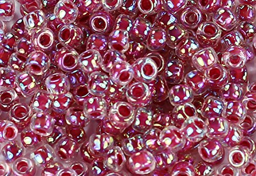 8/0 Round TOHO Japanese Glass Seed Beads #771-Rainbow Crystal/Strawberry Lined 15g