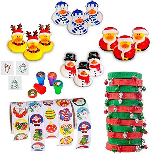 Christmas Stocking Stuffers Toy Assortment (Includes: 12 Cute Christmas Rubber Duckies, 12 Metal Jingel Bell Rubber Bracelets, 500 Christmas Stickers on Rolls, 12 Christmas Stampers, 12 Christmas Tattoos Easy to Apply Non-toxic) Greatest Christmas Stocking Stuffers Available
