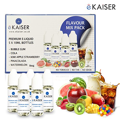 Ekaiser 5 X 10ml E Liquid Flavour Pack | Bubble Gum | Apple Kiwi Strawberry | PinaColada | Cola | Watermelon | Special Grade Formula For Vapour production and Flavour Hit with Only High Grade Ingredients | VG & PG Mix | Made For Electronic Cigarette and E Shisha