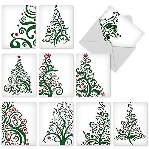 M5019 Just Fir You: 10 Assorted Christmas Note Cards Featuring Stylized, Fashionable Christmas-Tree Imagery,w/White Envelopes.