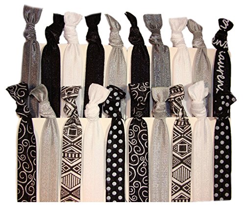 Hair Ties Ponytail Holders - 20 Pack Black Aztec No Crease Ouchless Elastic Styling Accessories Pony Tail Holder Ribbon Bands - By Kenz Laurenz