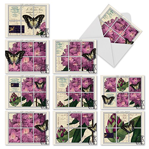 M2981 Papillon Post: 10 Assorted Thank You Note Cards Featuring A Series Of Botanical Themed Postage Stamps Showcasing French Papillon Butterflies And Plants,w/White Envelopes.